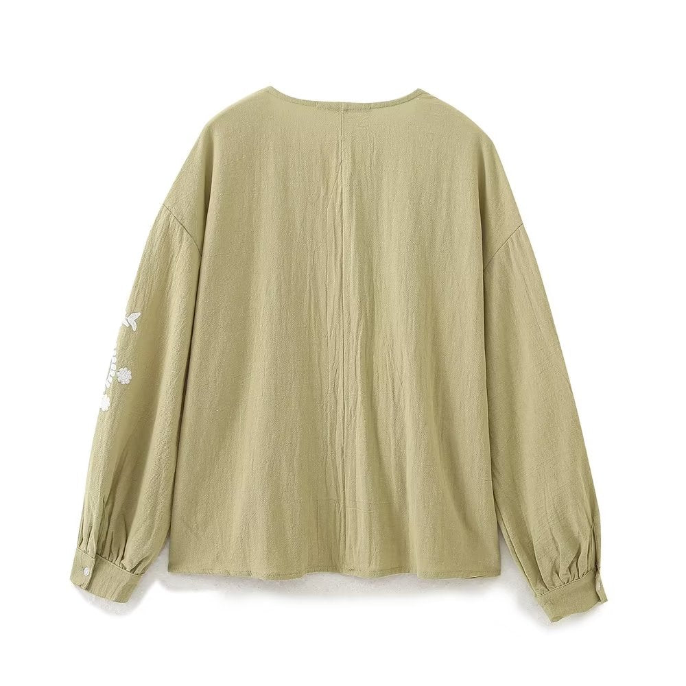 Long Sleeve V-Neck Embroidery Shirt