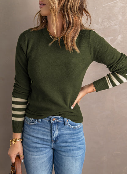 Green Striped Long Sleeve Knitted Pullover Sweater