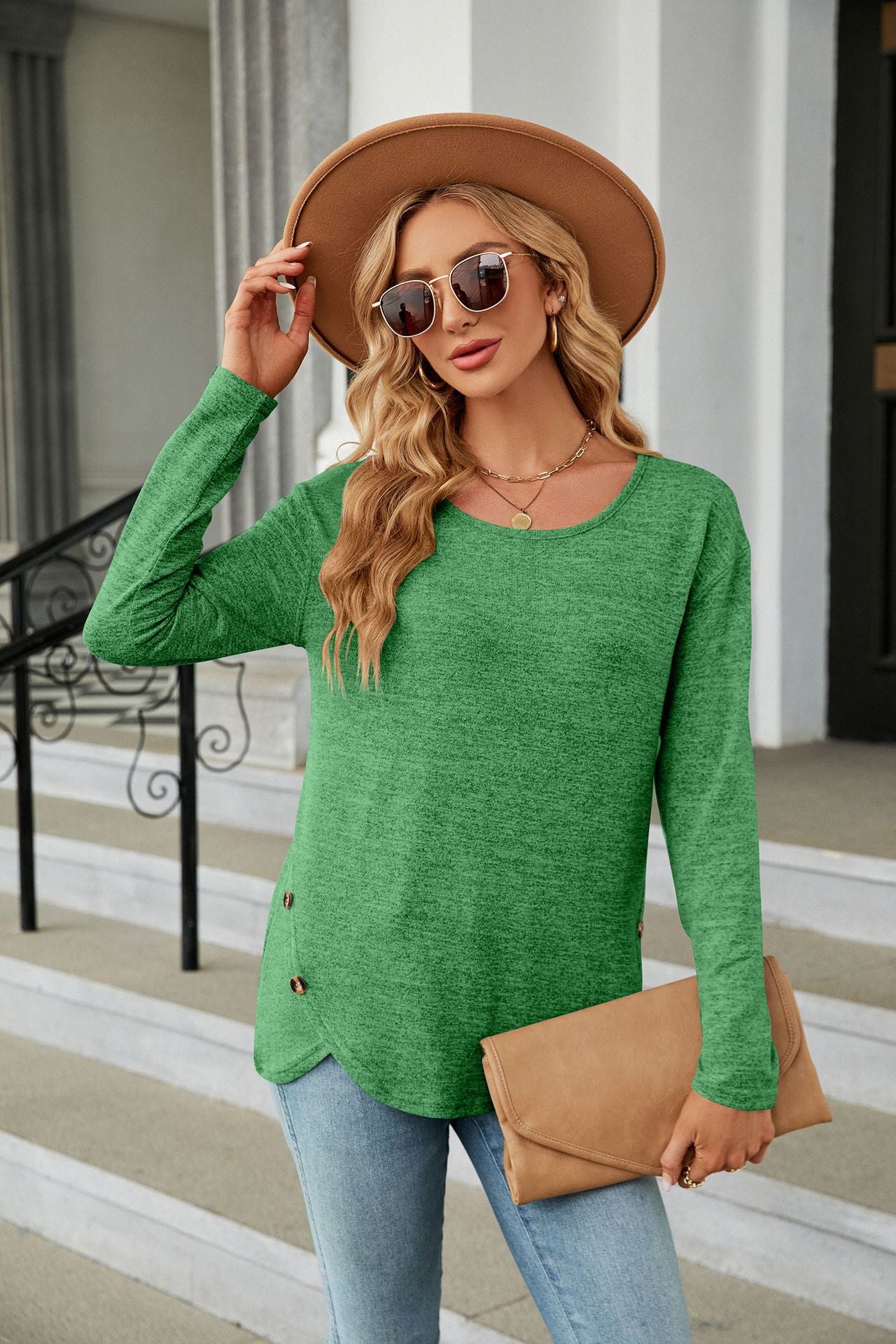 Solid Color Long Sleeve Button Top