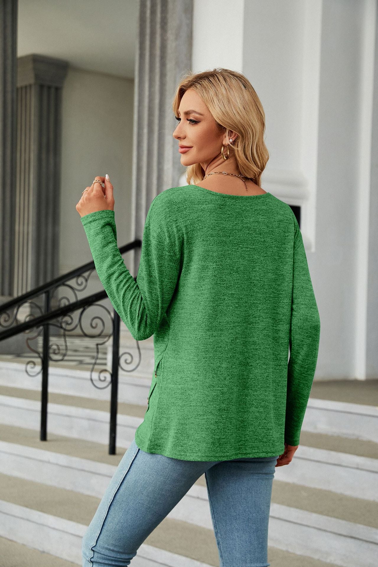 Solid Color Long Sleeve Button Top