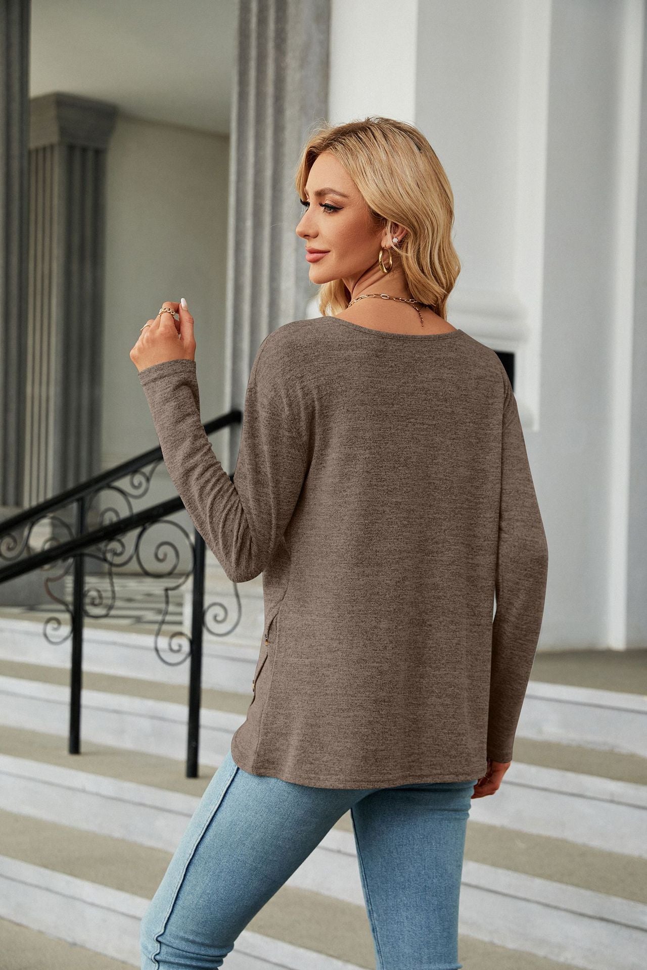 Solid Color Long Sleeve Button Top