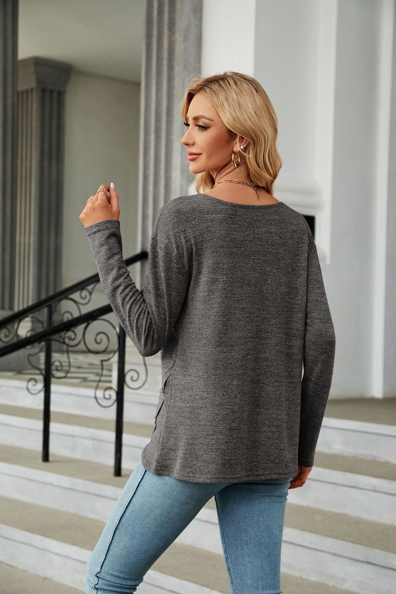 Solid Color Long Sleeve Button Top