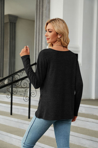 Solid Color Long Sleeve Button Top