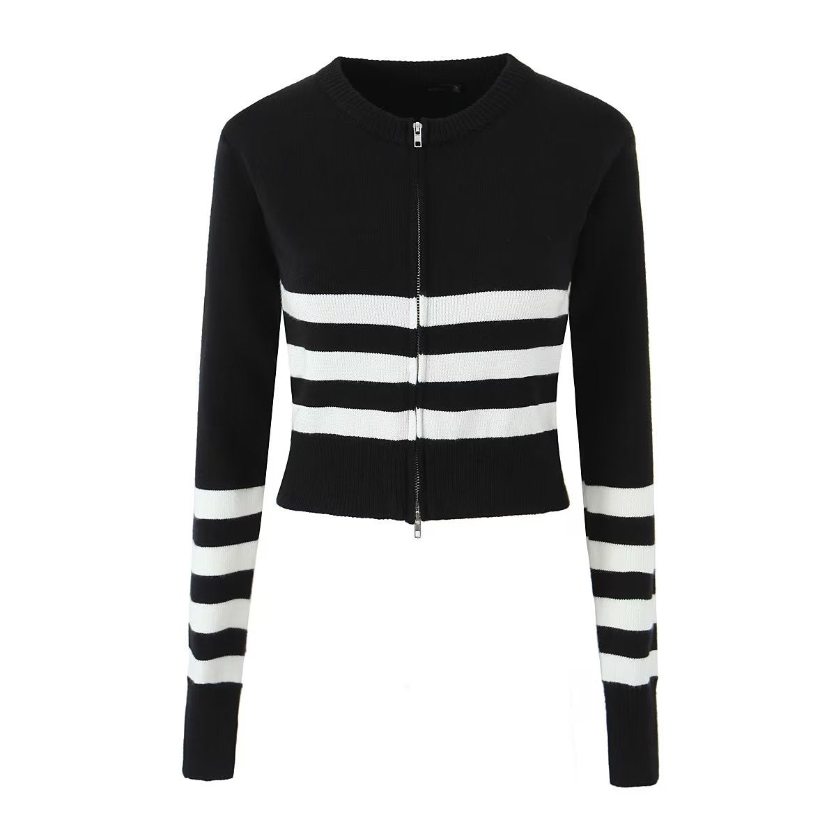 Crew Neck Striped Long Sleeve Double Zipper Design Sweater