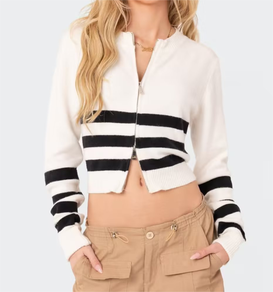 Crew Neck Striped Long Sleeve Double Zipper Design Sweater