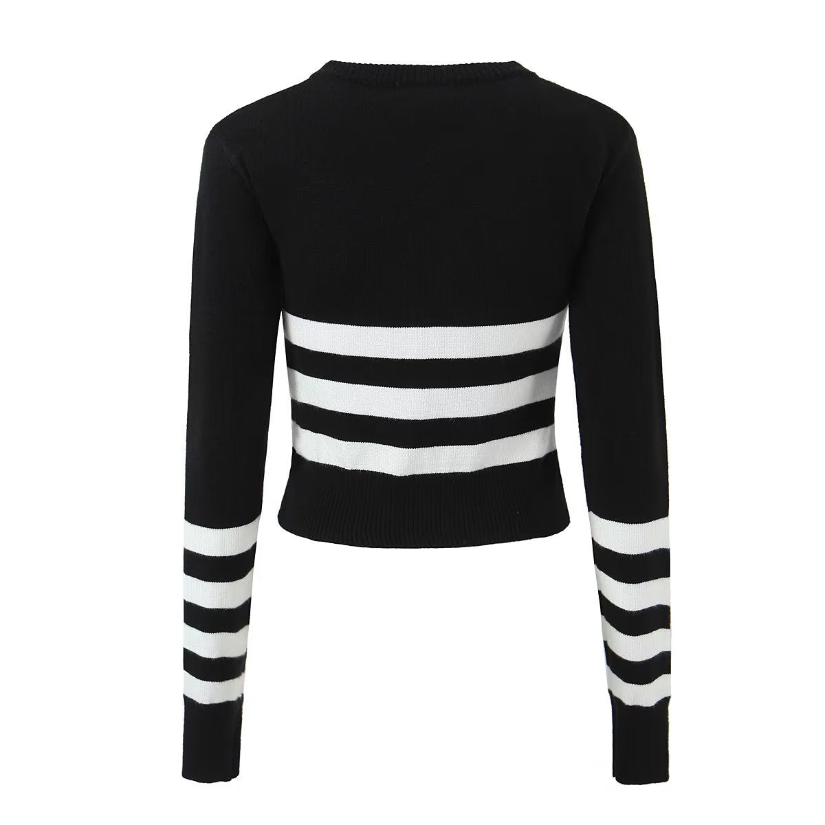 Crew Neck Striped Long Sleeve Double Zipper Design Sweater