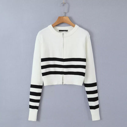 Crew Neck Striped Long Sleeve Double Zipper Design Sweater