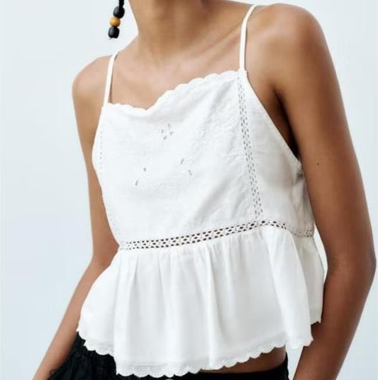 Sweet Camisole Hollow Cutout Stitching Loose Embroidery Top