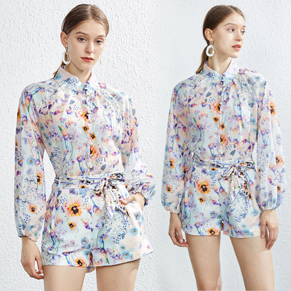 Printed Shirt Elegant Style Romper