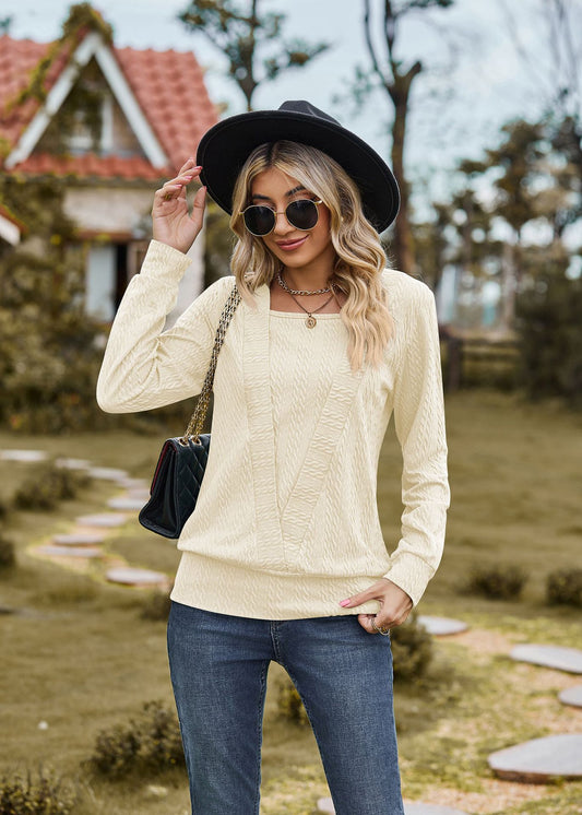 Solid Color Square Collar Cross Loose Long Sleeved Top