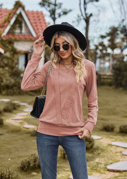 Solid Color Square Collar Cross Loose Long Sleeved Top