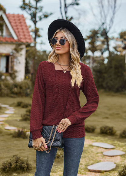 Solid Color Square Collar Cross Loose Long Sleeved Top