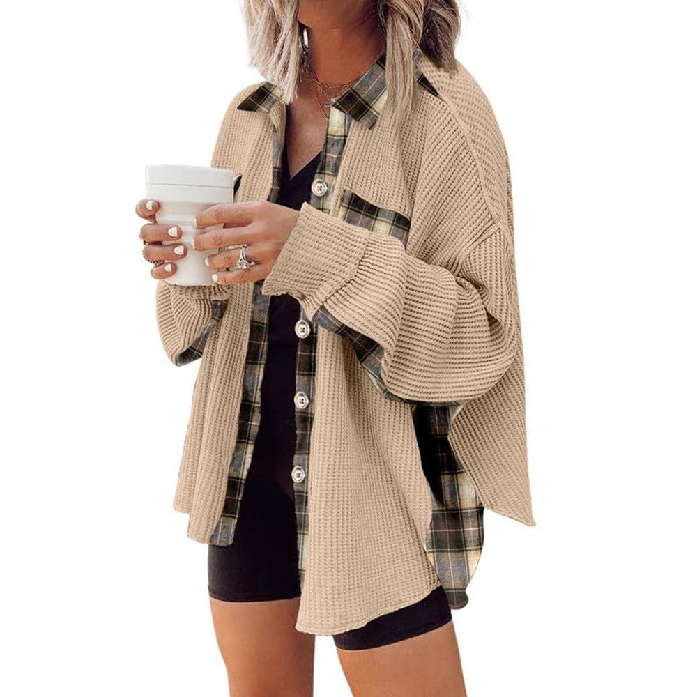 Casual Waffle Plaid Knitted Jacket