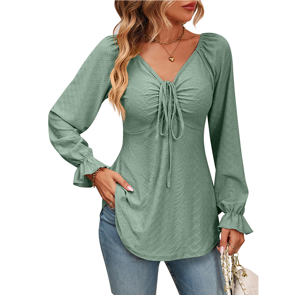 V-Neck Drawstring Girdle Sexy Long Sleeve Top