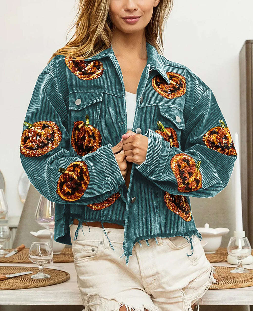 Halloween Pumpkin Sequined Distressed Corduroy Jacket