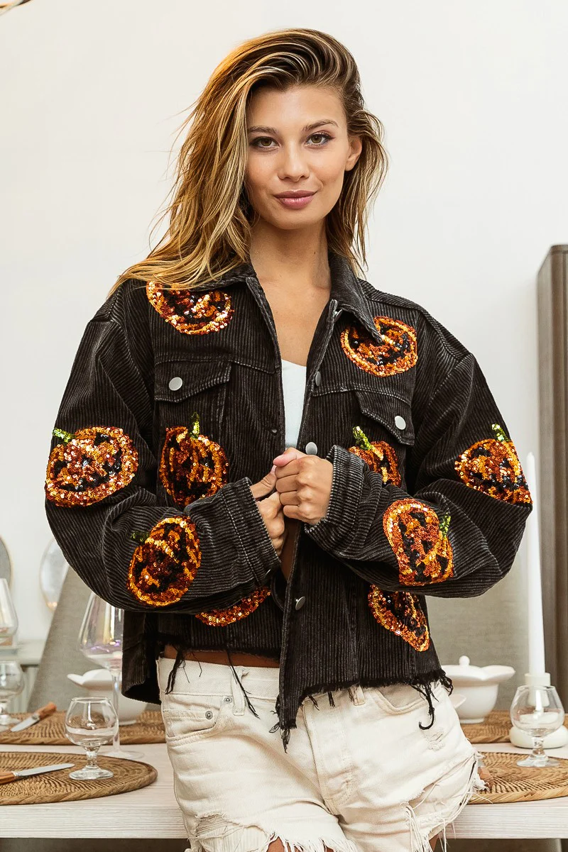 Halloween Pumpkin Sequined Distressed Corduroy Jacket