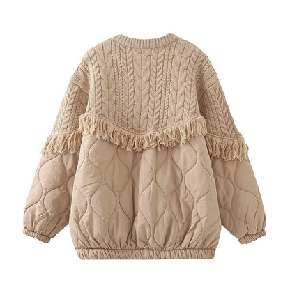 Tassel Decorative Knitted Patchwork Cotton Padded Jacket Coat