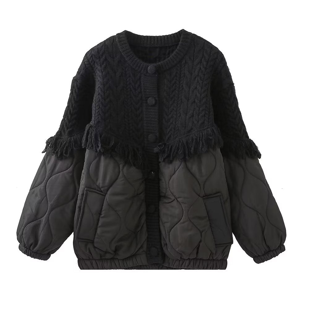 Tassel Decorative Knitted Patchwork Cotton Padded Jacket Coat