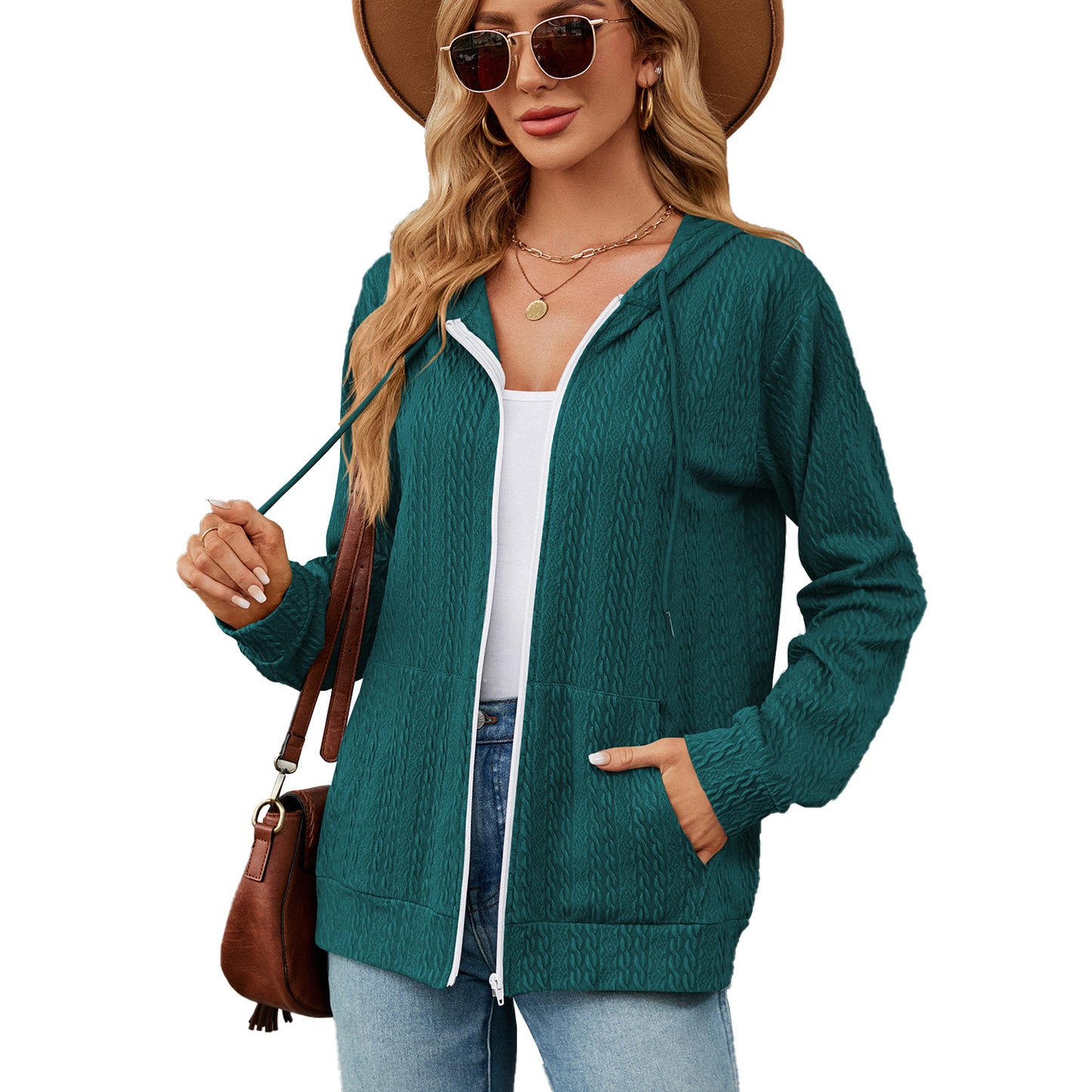 Loose Long-Sleeve Hooded Zip Jacket