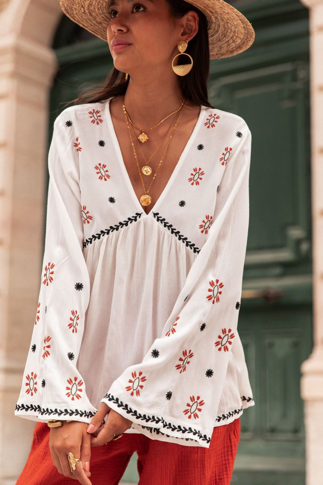 Embroidered V-Neck Printed Bell Sleeve Shirt