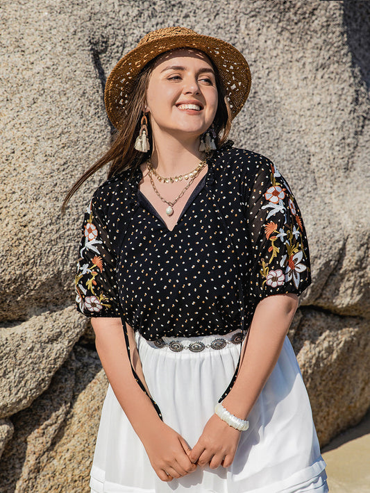 Plus Size Polka Dot Floral Sleeve Top