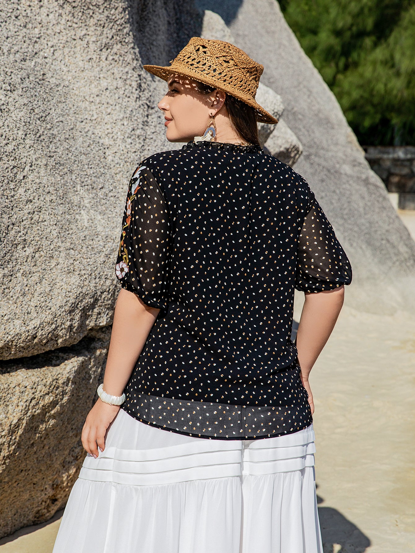 Plus Size Polka Dot Floral Sleeve Top