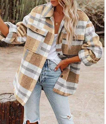 Multicolor Plaid Shirt Woolen Coat