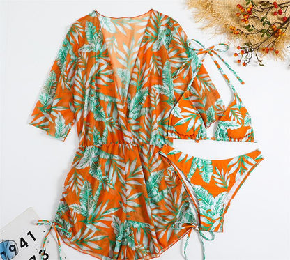 Leaves Printed Long Sleeve Beach Three Piece Bikini Set