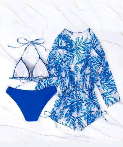 Leaves Printed Long Sleeve Beach Three Piece Bikini Set