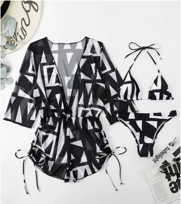 Leaves Printed Long Sleeve Beach Three Piece Bikini Set