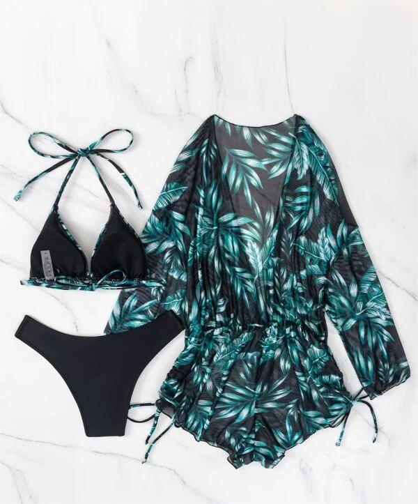 Leaves Printed Long Sleeve Beach Three Piece Bikini Set