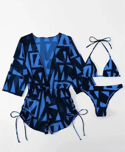 Leaves Printed Long Sleeve Beach Three Piece Bikini Set