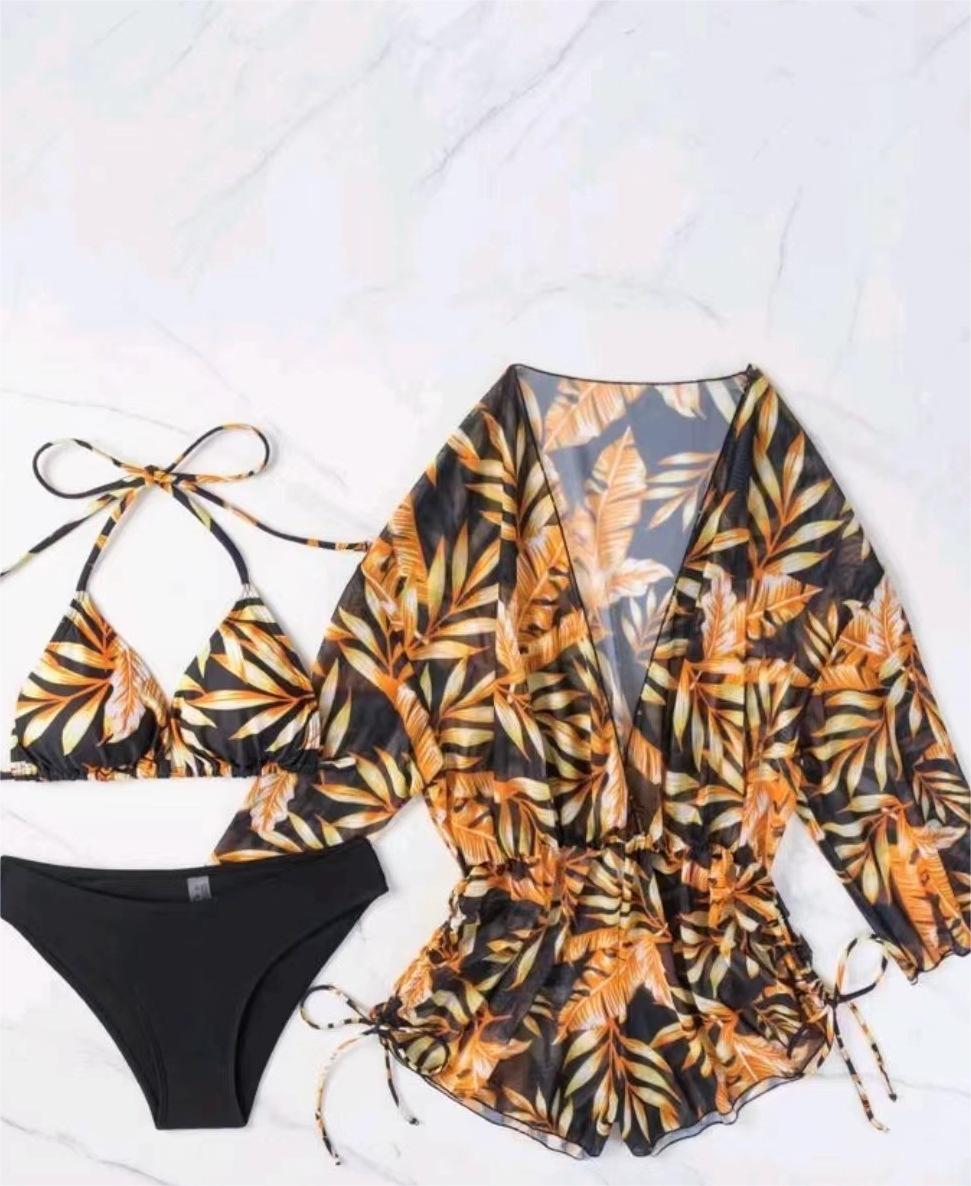 Leaves Printed Long Sleeve Beach Three Piece Bikini Set