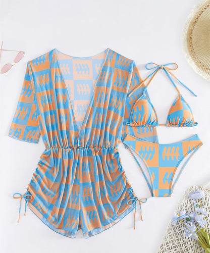 Leaves Printed Long Sleeve Beach Three Piece Bikini Set