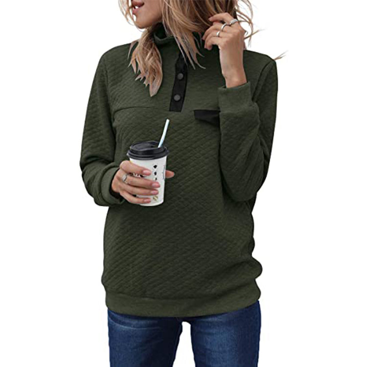 High Neck Button Long Sleeve Quilted Pullover Sweater