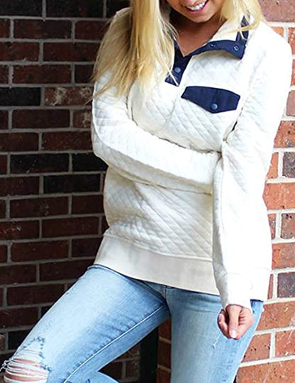 High Neck Button Long Sleeve Quilted Pullover Sweater