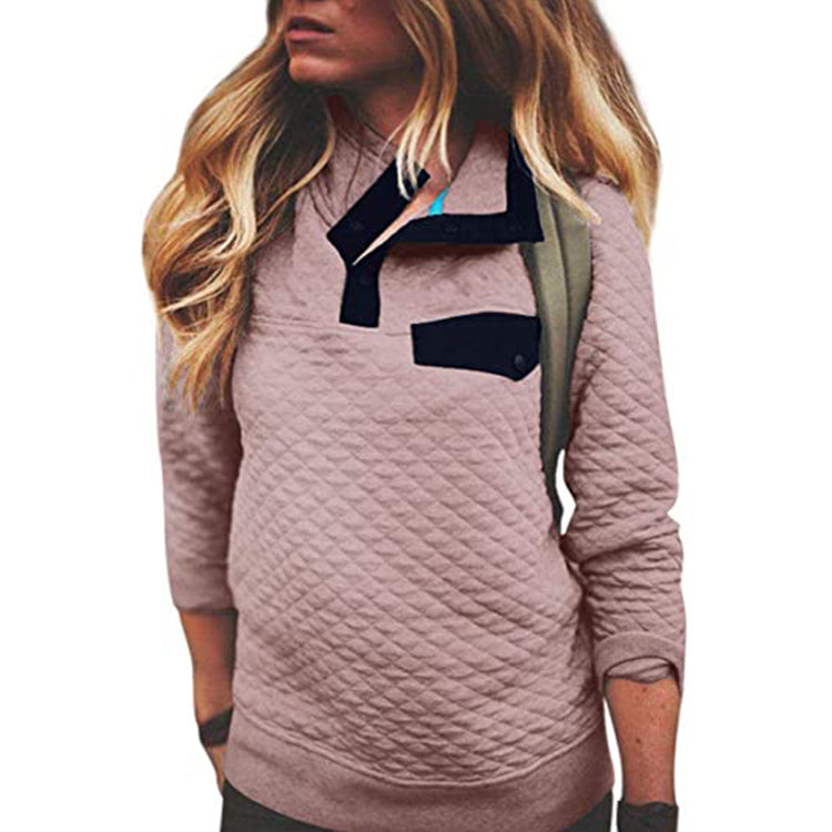 High Neck Button Long Sleeve Quilted Pullover Sweater