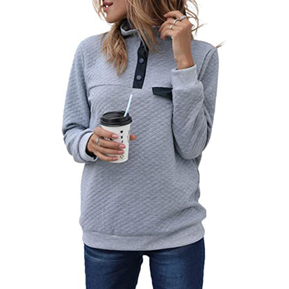 High Neck Button Long Sleeve Quilted Pullover Sweater