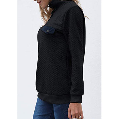 High Neck Button Long Sleeve Quilted Pullover Sweater