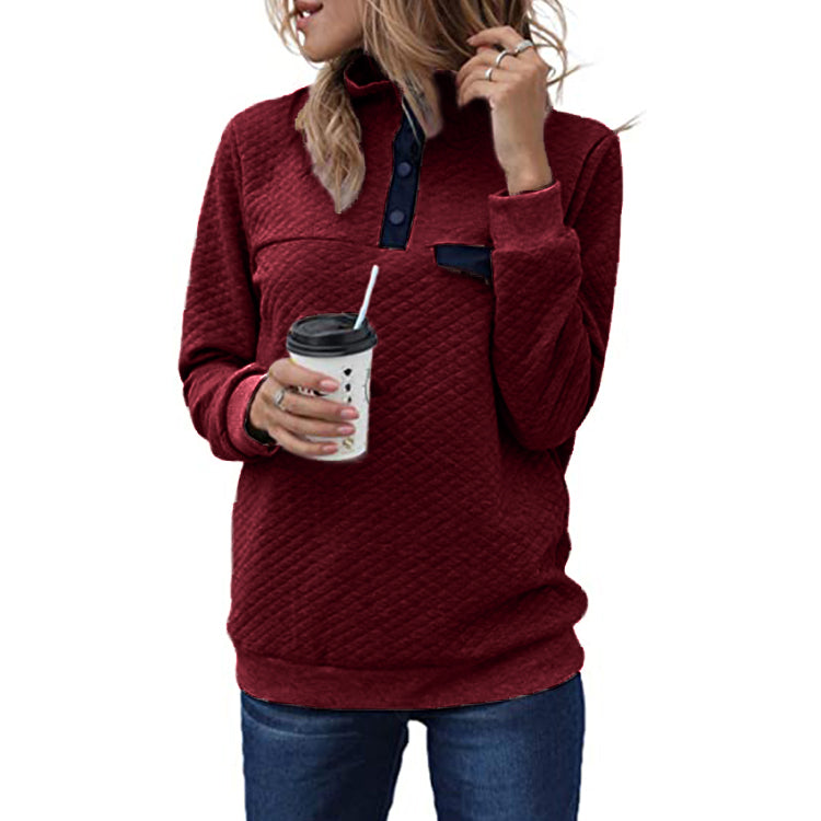 High Neck Button Long Sleeve Quilted Pullover Sweater