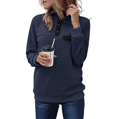 High Neck Button Long Sleeve Quilted Pullover Sweater