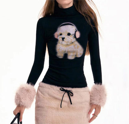 Millennium Sexy Cute Dog Printed Fur Cuff Pullover Top