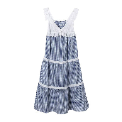 Embroidered Plaid Decorative Strap Tiered Dress