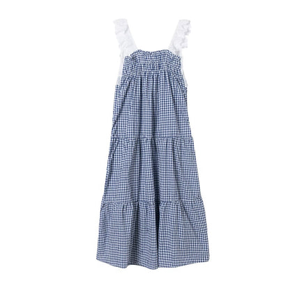 Embroidered Plaid Decorative Strap Tiered Dress