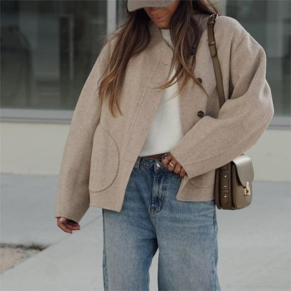 Stand Collar Loose Short Double Faced Woolen Jacket Coat