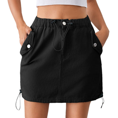 Summer Washed Drawstring Elastic Waist Denim Skirt