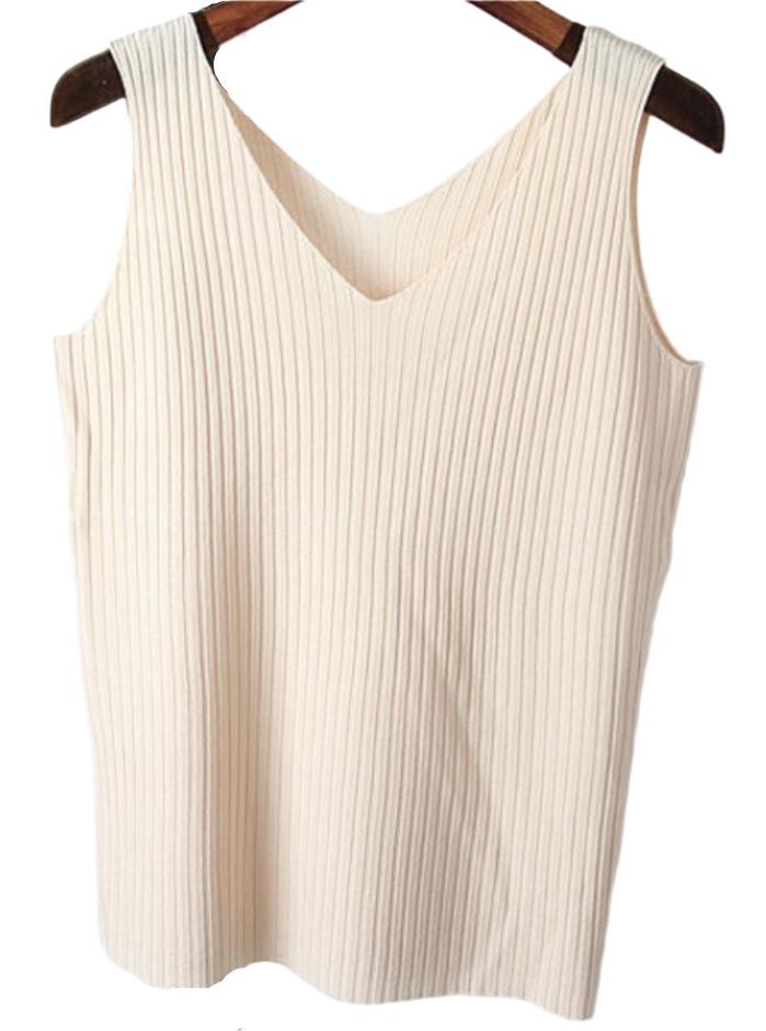 Sunken Stripe Slim Stretch Sleeveless Knitted V-Neck Top