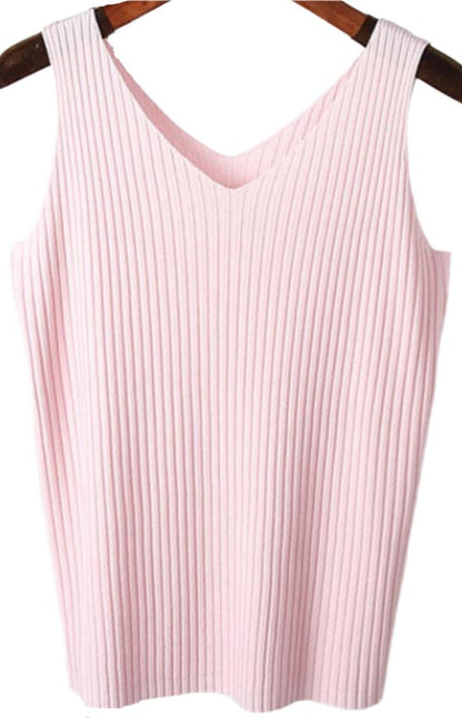 Sunken Stripe Slim Stretch Sleeveless Knitted V-Neck Top