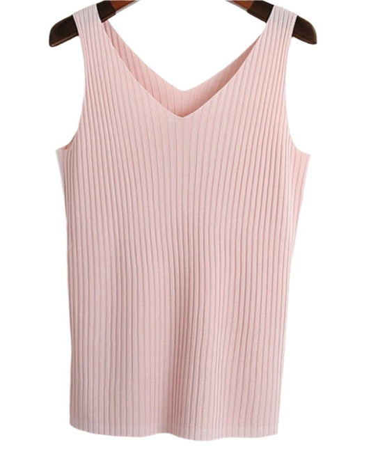 Sunken Stripe Slim Stretch Sleeveless Knitted V-Neck Top