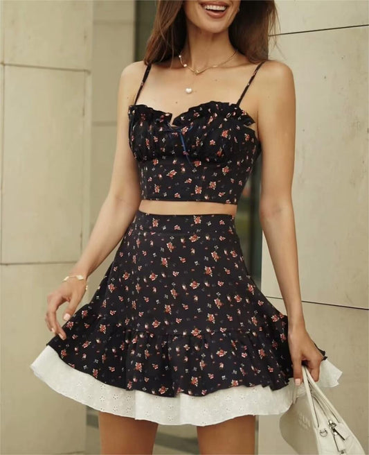 Black Floral Skirt Top Set